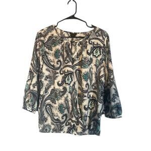 Ann Taylor Paisley Print Dress Blouse with Long Sleeves Blue & White Women Small